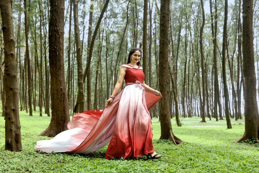 Maroon Printed Single Prewedding Gown