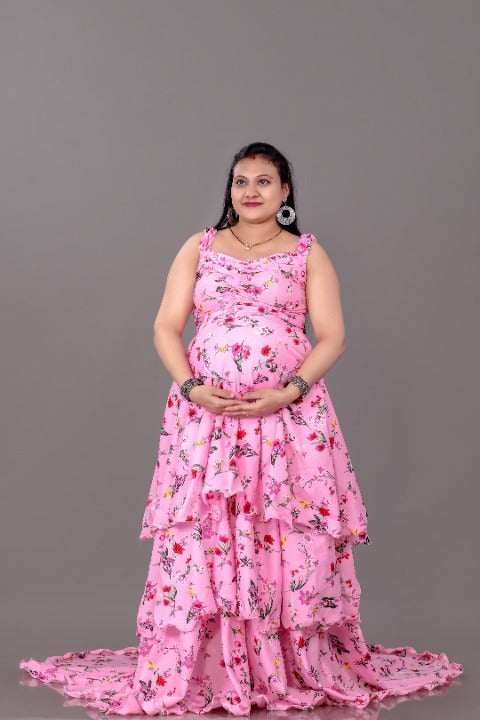 Pink with Flower Printed Princess type Maternity Gown